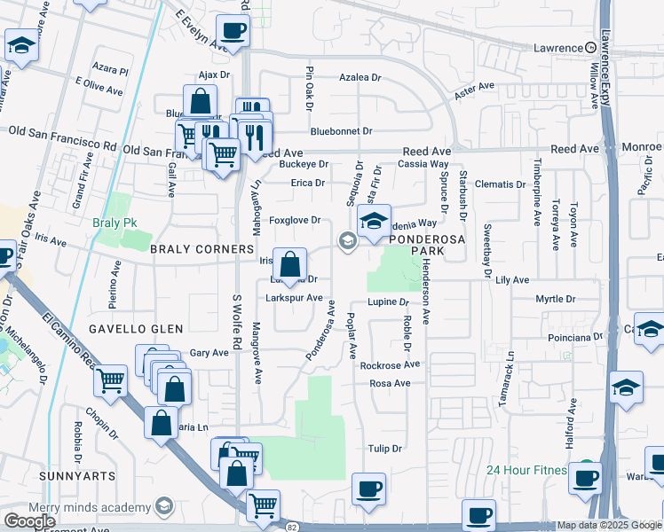 map of restaurants, bars, coffee shops, grocery stores, and more near 973 Lantana Drive in Sunnyvale