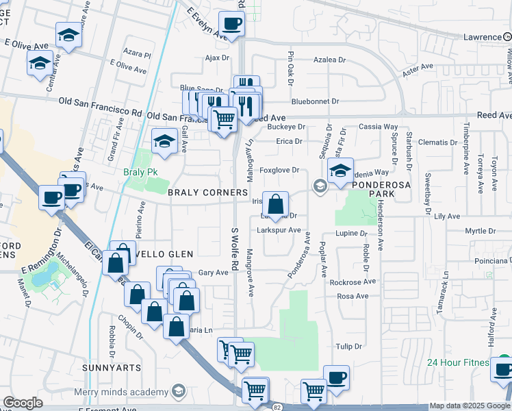 map of restaurants, bars, coffee shops, grocery stores, and more near 922 Iris Avenue in Sunnyvale