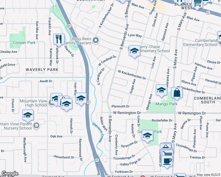 map of restaurants, bars, coffee shops, grocery stores, and more near South Bernardo Avenue in Sunnyvale