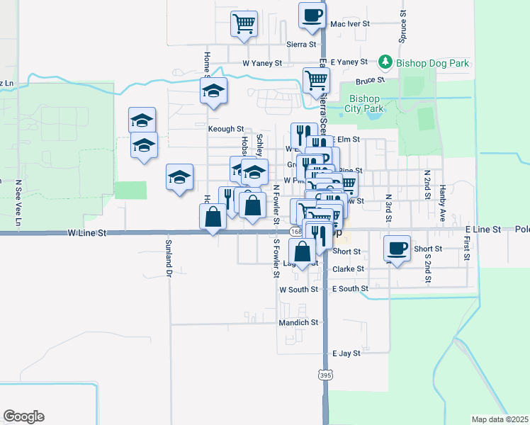 map of restaurants, bars, coffee shops, grocery stores, and more near in Bishop