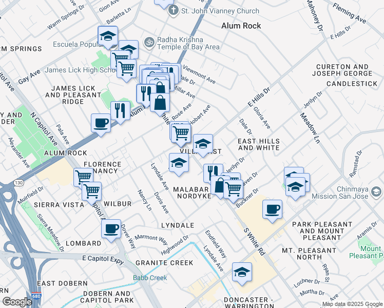 map of restaurants, bars, coffee shops, grocery stores, and more near South White Road & East Hills Drive in San Jose