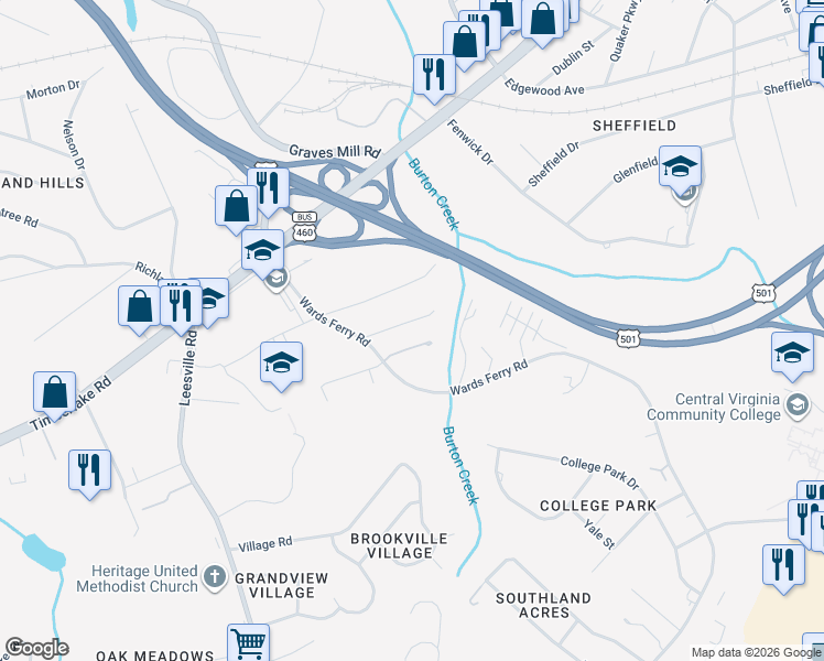 map of restaurants, bars, coffee shops, grocery stores, and more near 114 Water Gate Dr in Lynchburg