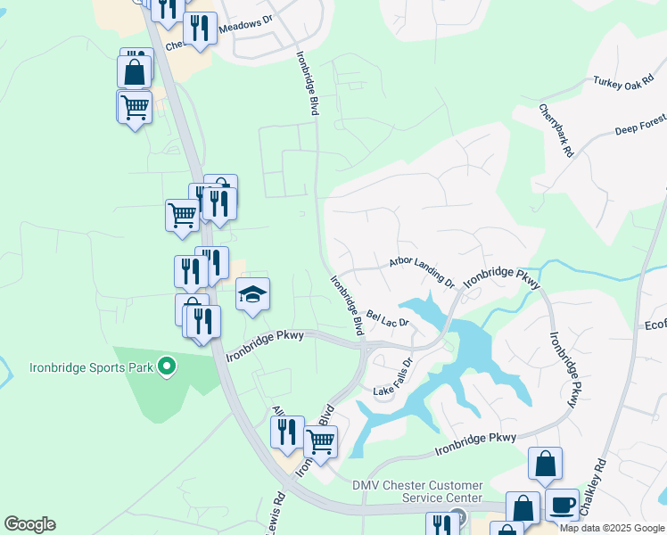map of restaurants, bars, coffee shops, grocery stores, and more near 6513 Spring Arbor Court in Chester