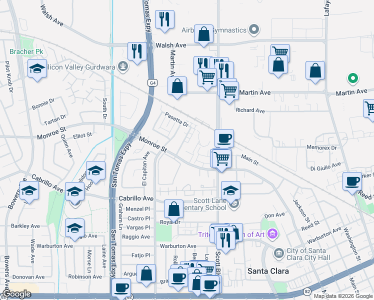map of restaurants, bars, coffee shops, grocery stores, and more near 2211 Monroe Street in Santa Clara