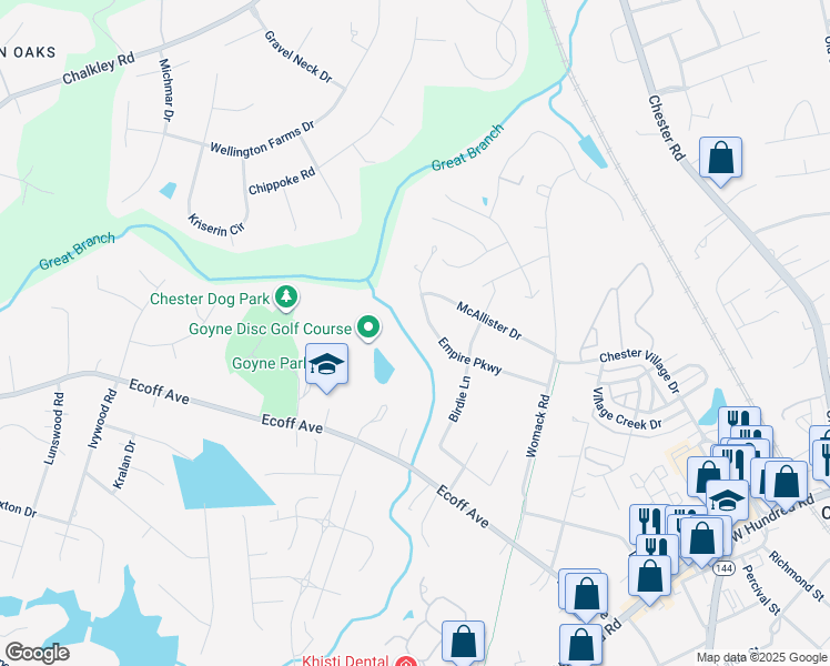 map of restaurants, bars, coffee shops, grocery stores, and more near 4931 Empire Pkwy in Chester