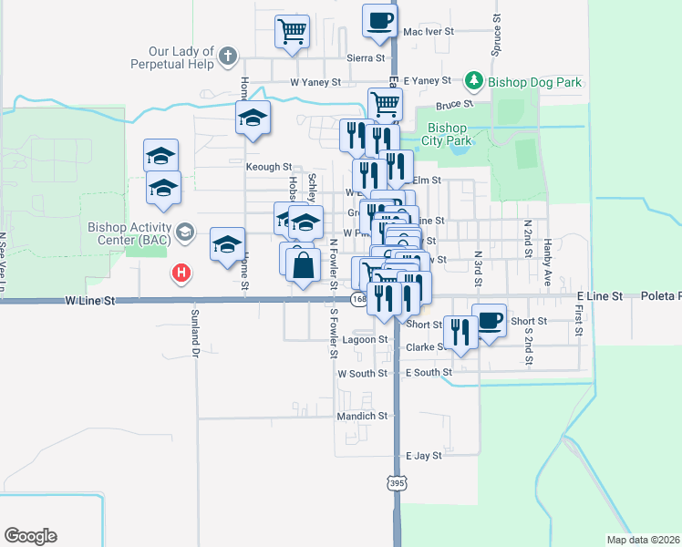 map of restaurants, bars, coffee shops, grocery stores, and more near 220 North Fowler Street in Bishop