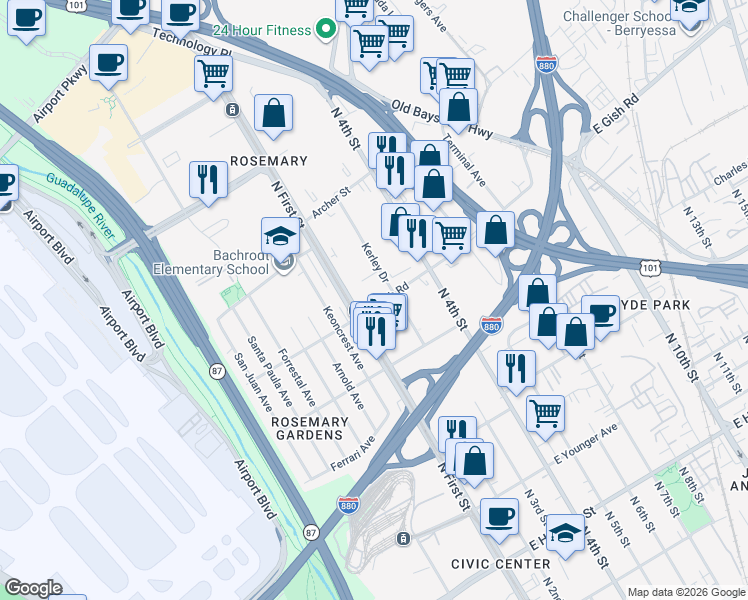 map of restaurants, bars, coffee shops, grocery stores, and more near 43 East Gish Road in San Jose