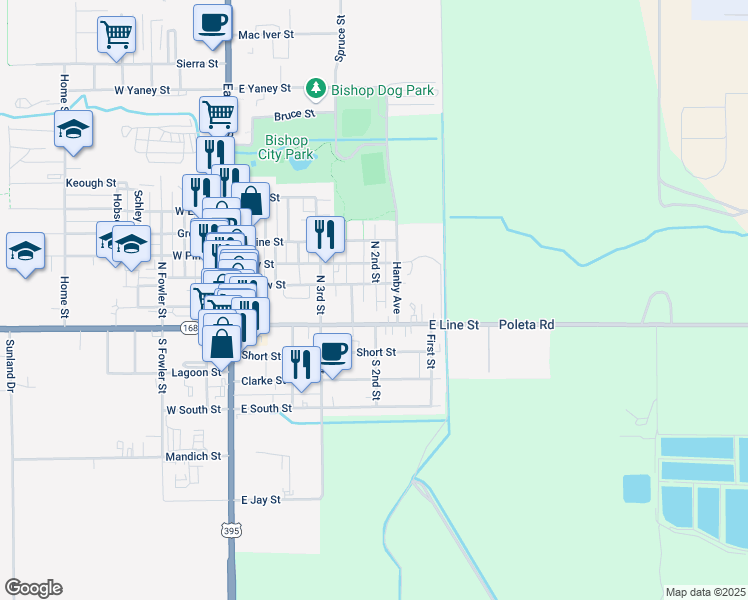 map of restaurants, bars, coffee shops, grocery stores, and more near 215 North 2nd Street in Bishop