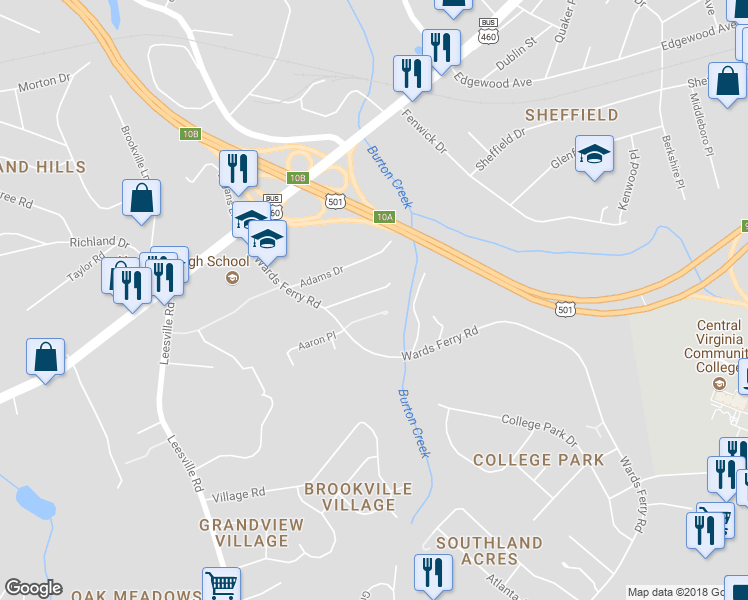 map of restaurants, bars, coffee shops, grocery stores, and more near 116 Water Gate Drive in Lynchburg