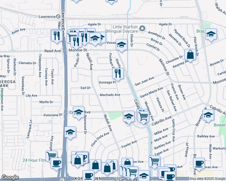 map of restaurants, bars, coffee shops, grocery stores, and more near 3359 Machado Avenue in Santa Clara
