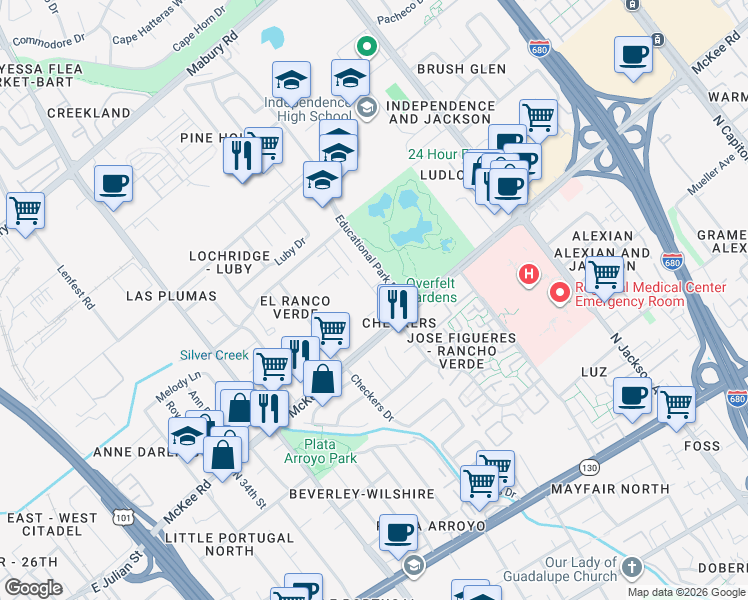 map of restaurants, bars, coffee shops, grocery stores, and more near 331 Ryegate Court in San Jose