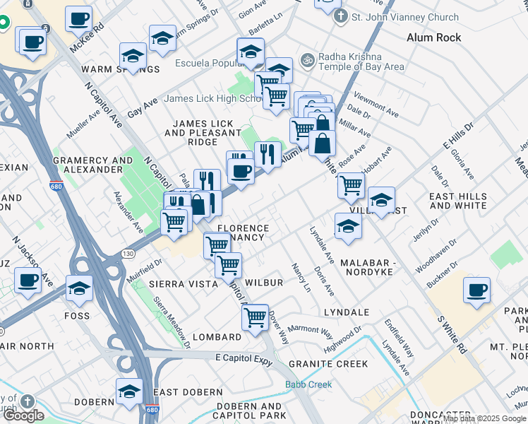 map of restaurants, bars, coffee shops, grocery stores, and more near 111 Colonade Square in San Jose