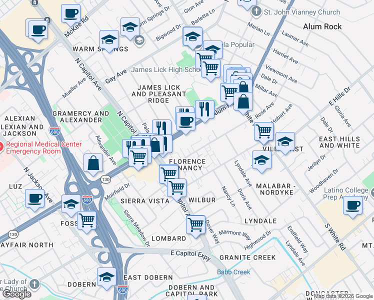 map of restaurants, bars, coffee shops, grocery stores, and more near in San Jose