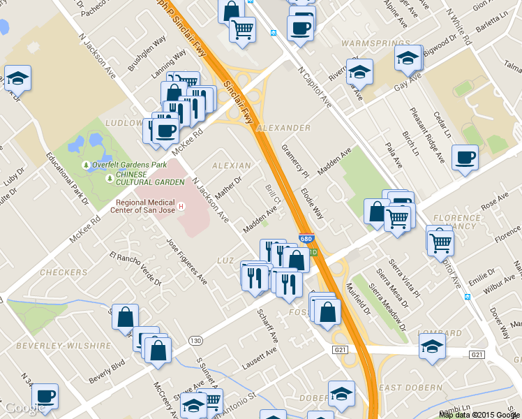map of restaurants, bars, coffee shops, grocery stores, and more near 102 Damsen Drive in San Jose