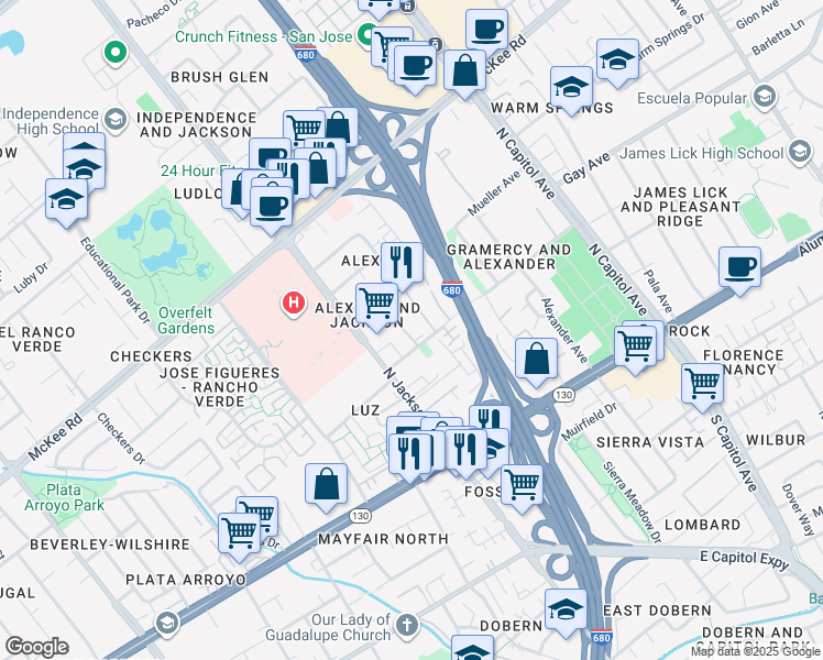 map of restaurants, bars, coffee shops, grocery stores, and more near 102 Damsen Drive in San Jose