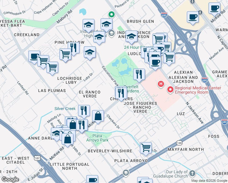 map of restaurants, bars, coffee shops, grocery stores, and more near 331 Ryegate Court in San Jose