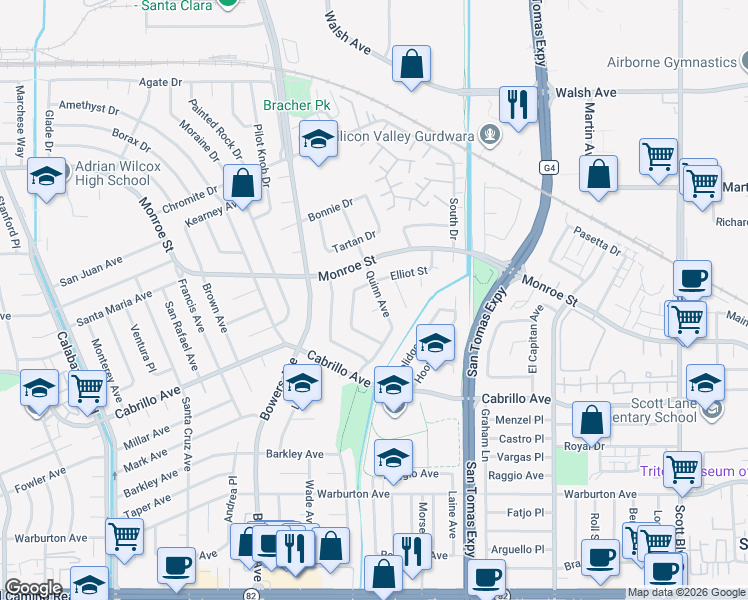 map of restaurants, bars, coffee shops, grocery stores, and more near 2136 Quinn Avenue in Santa Clara