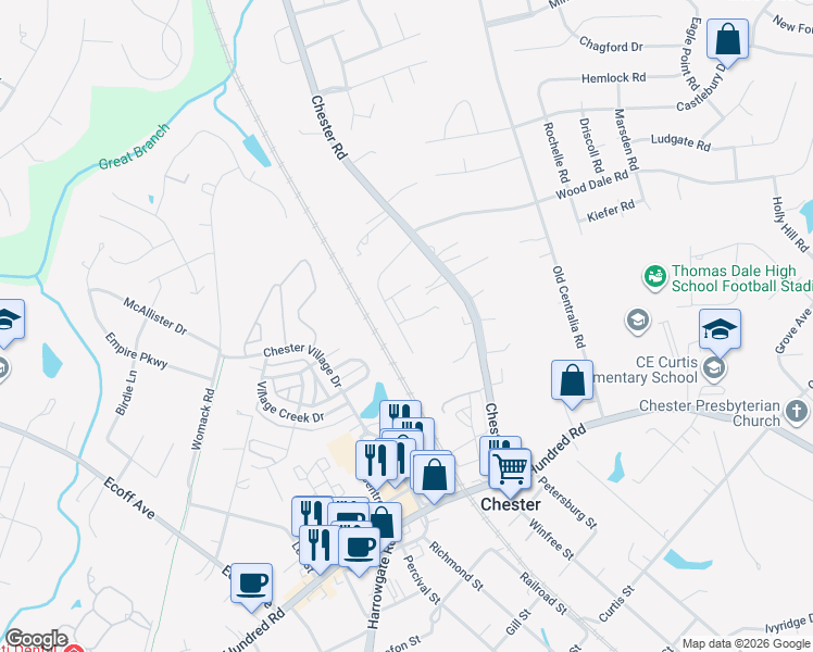 map of restaurants, bars, coffee shops, grocery stores, and more near 11649 Chester Station Drive in Chester