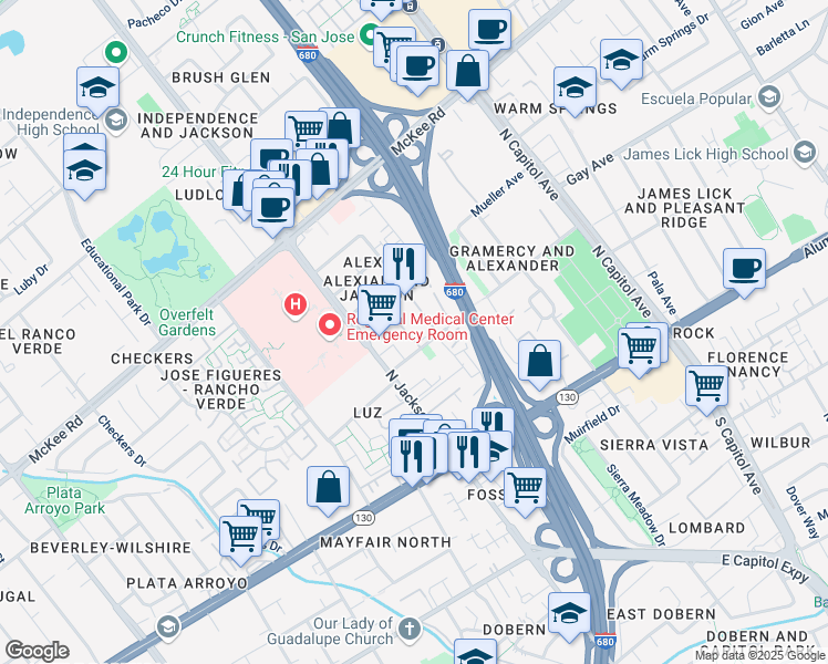 map of restaurants, bars, coffee shops, grocery stores, and more near 120 Damsen Drive in San Jose