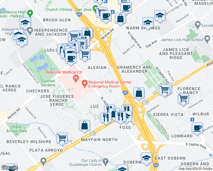 map of restaurants, bars, coffee shops, grocery stores, and more near 120 Damsen Drive in San Jose