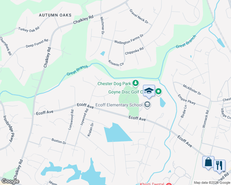 map of restaurants, bars, coffee shops, grocery stores, and more near 5400 Krag Court in Chester
