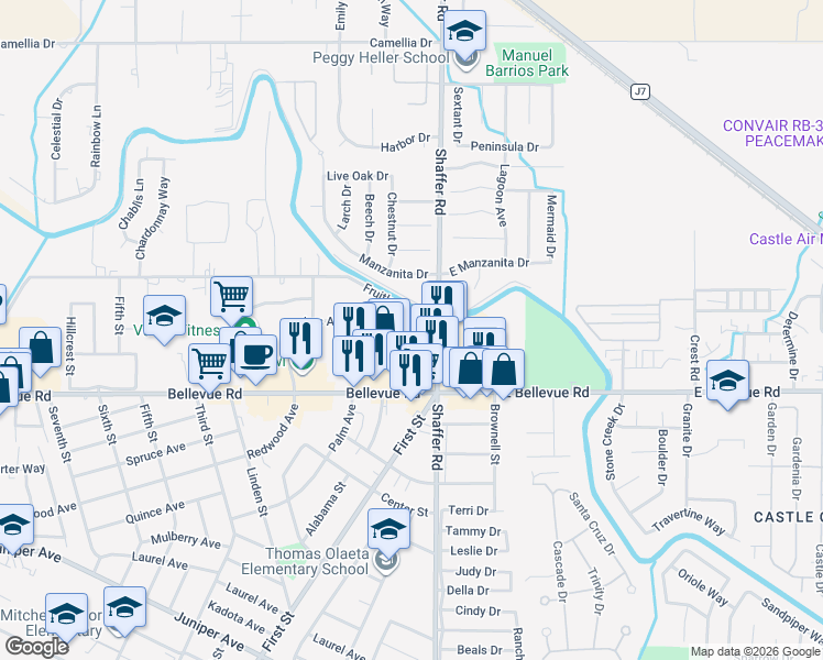map of restaurants, bars, coffee shops, grocery stores, and more near 2900 Los Altos Court in Atwater