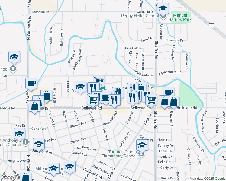 map of restaurants, bars, coffee shops, grocery stores, and more near 2809 Redwood Avenue in Atwater