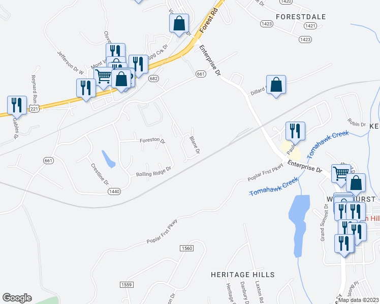 map of restaurants, bars, coffee shops, grocery stores, and more near 1304 Homestead Garden Court in Forest