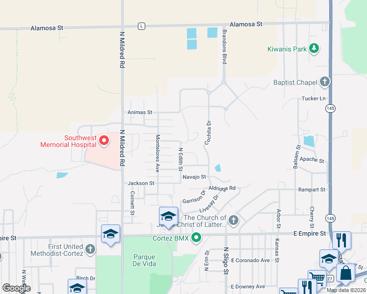 map of restaurants, bars, coffee shops, grocery stores, and more near 1451 Acoma Street in Cortez