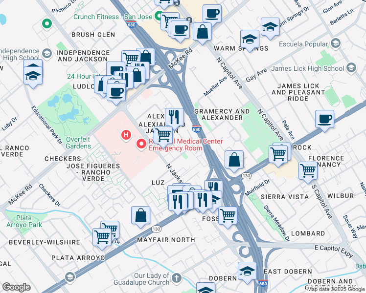 map of restaurants, bars, coffee shops, grocery stores, and more near 116 Damsen Drive in San Jose