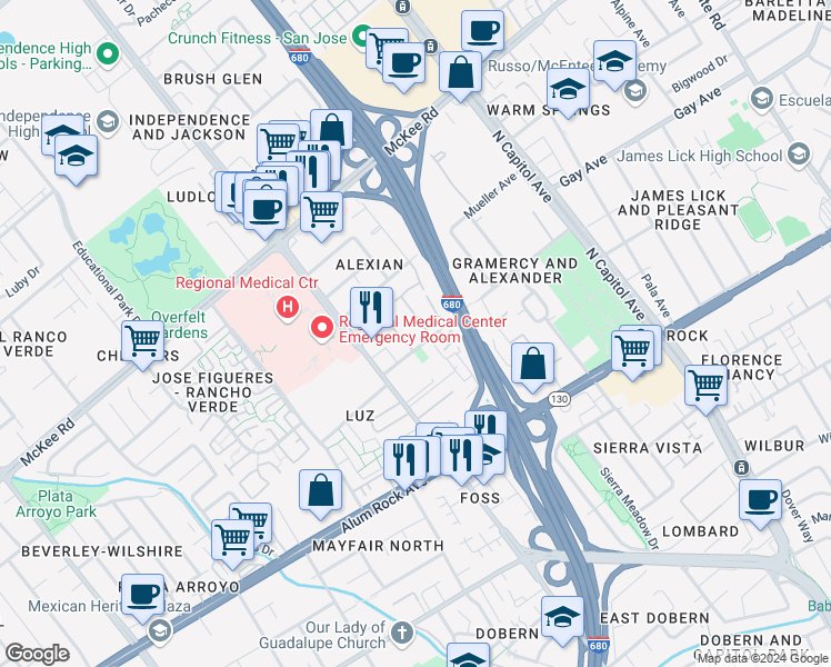 map of restaurants, bars, coffee shops, grocery stores, and more near 116 Damsen Drive in San Jose