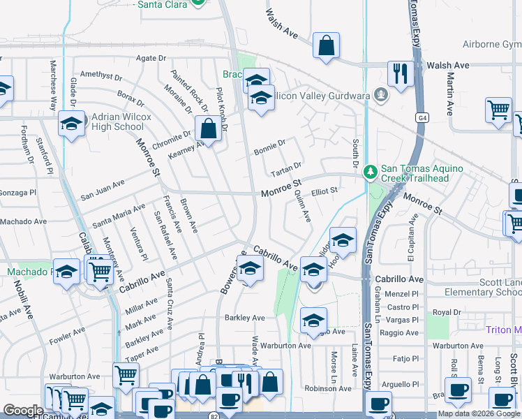 map of restaurants, bars, coffee shops, grocery stores, and more near 2155 Bowers Avenue in Santa Clara