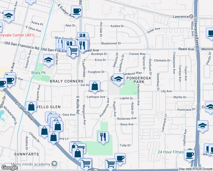 map of restaurants, bars, coffee shops, grocery stores, and more near 973 Lantana Drive in Sunnyvale