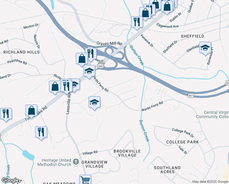 map of restaurants, bars, coffee shops, grocery stores, and more near 2022 Wards Ferry Road in Lynchburg