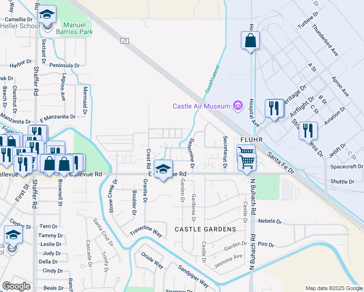 map of restaurants, bars, coffee shops, grocery stores, and more near 1201 Kelso Street in Atwater