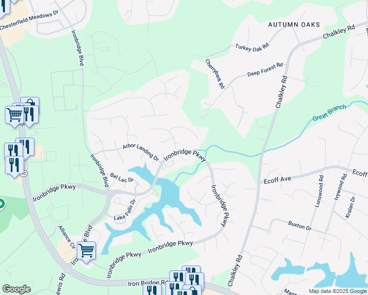 map of restaurants, bars, coffee shops, grocery stores, and more near 6103 Arbor Green Court in Chester