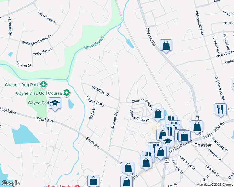 map of restaurants, bars, coffee shops, grocery stores, and more near 11720 Womack Road in Chester