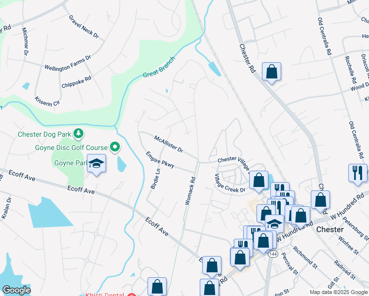 map of restaurants, bars, coffee shops, grocery stores, and more near 4824 McAllister Drive in Chester