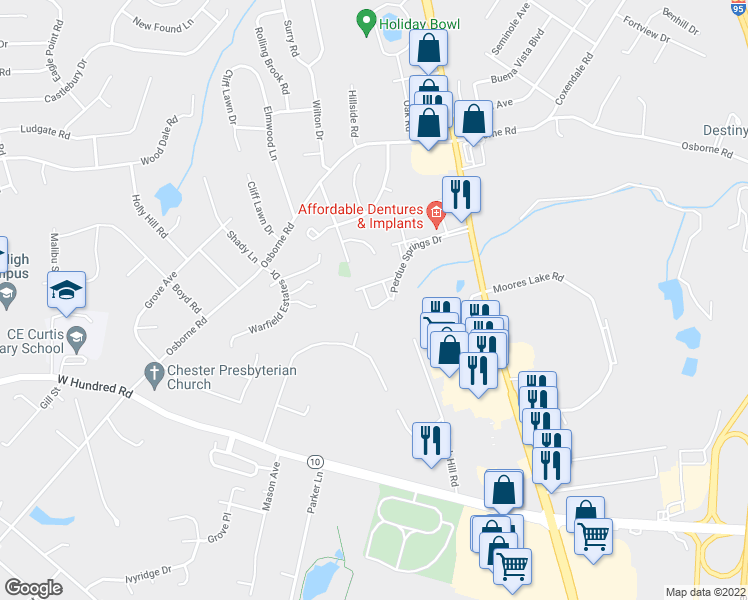 map of restaurants, bars, coffee shops, grocery stores, and more near 12118 Perdue Springs Loop in Chester