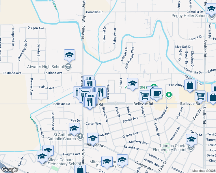 map of restaurants, bars, coffee shops, grocery stores, and more near 2709 Hillcrest Street in Atwater