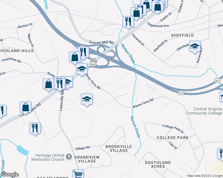 map of restaurants, bars, coffee shops, grocery stores, and more near 105 Water Gate Drive in Lynchburg