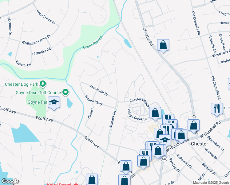 map of restaurants, bars, coffee shops, grocery stores, and more near 11720 Womack Road in Chester