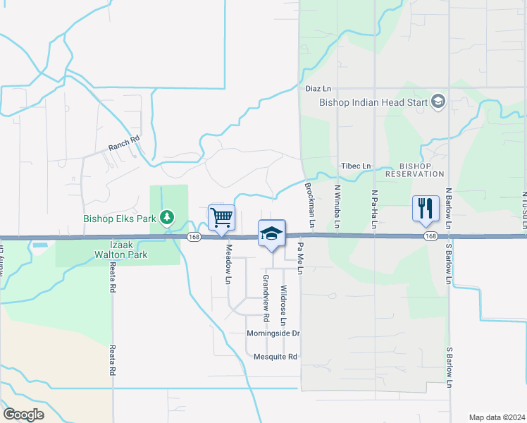 map of restaurants, bars, coffee shops, grocery stores, and more near 2989 Milovich Drive in Bishop