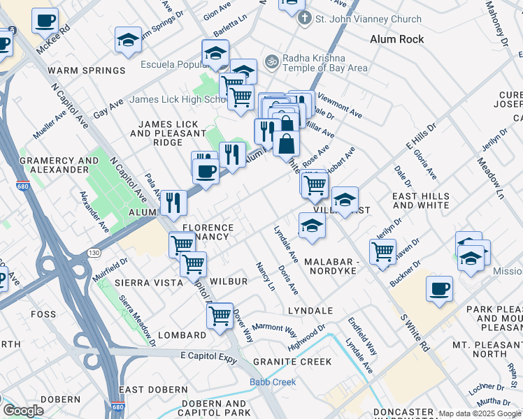 map of restaurants, bars, coffee shops, grocery stores, and more near 2989 Florence Avenue in San Jose