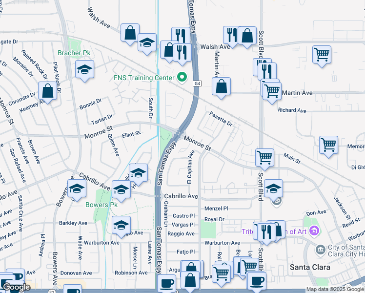 map of restaurants, bars, coffee shops, grocery stores, and more near 2154 Sheraton Drive in Santa Clara