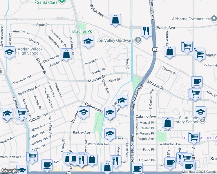 map of restaurants, bars, coffee shops, grocery stores, and more near 2136 Quinn Avenue in Santa Clara