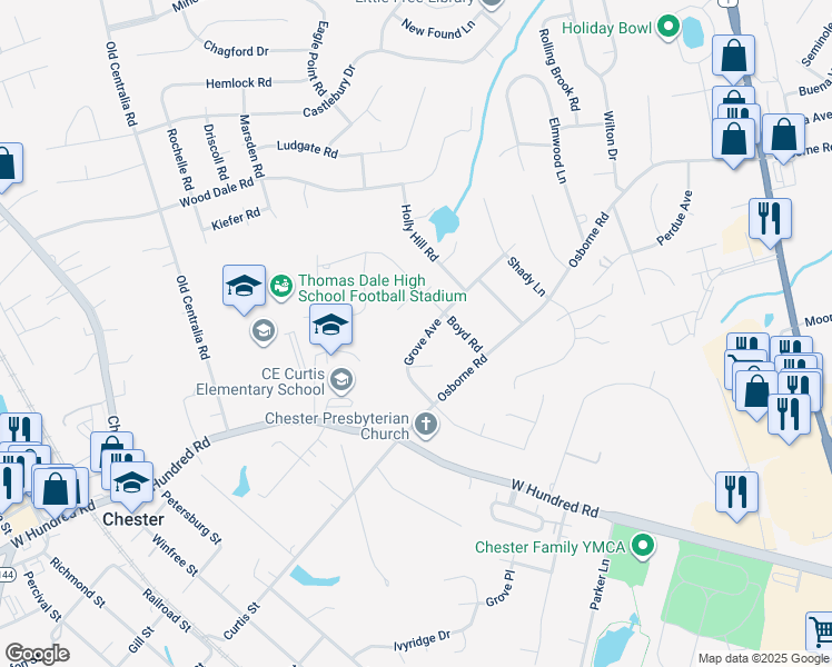 map of restaurants, bars, coffee shops, grocery stores, and more near 3310 Grove Avenue in Chester