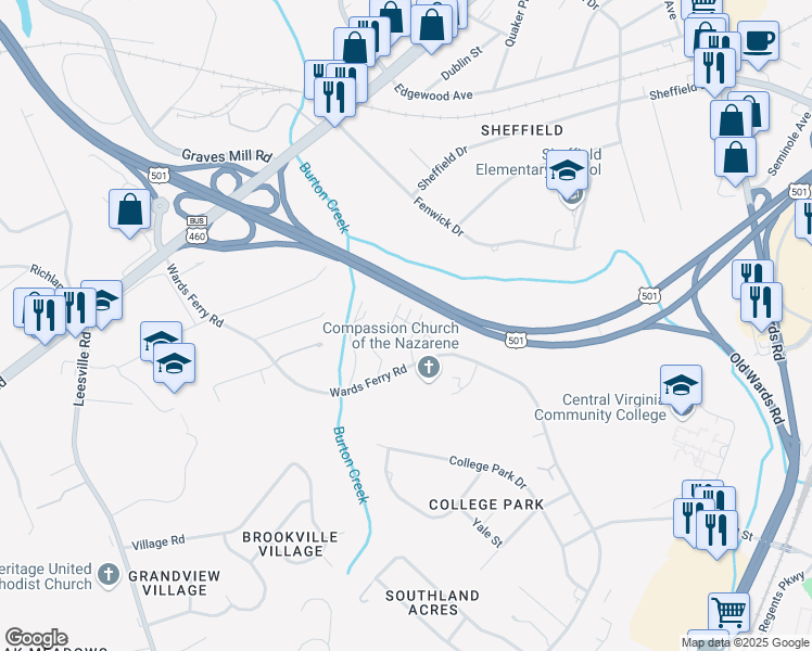 map of restaurants, bars, coffee shops, grocery stores, and more near 1812 Wards Ferry Road in Lynchburg