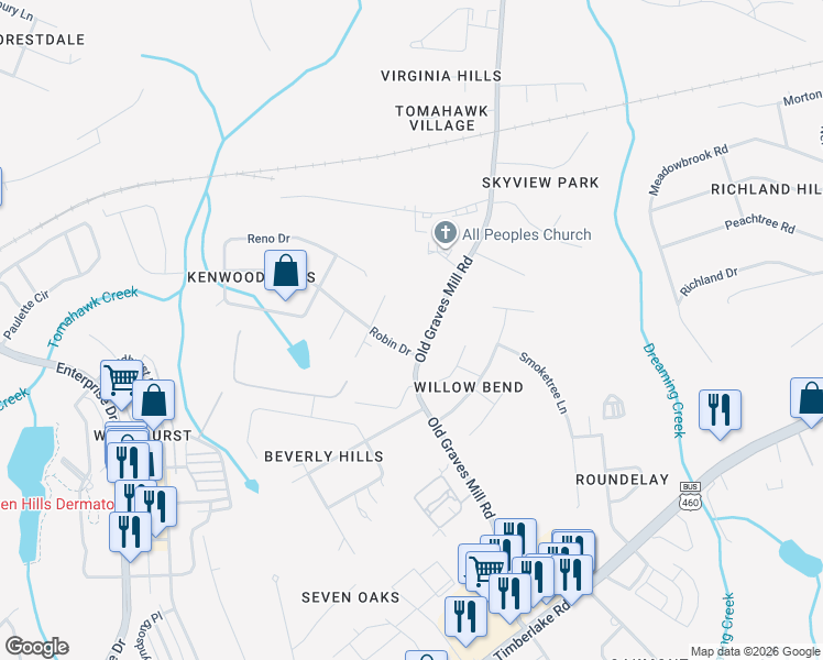 map of restaurants, bars, coffee shops, grocery stores, and more near 101-203 Robin Dr in Lynchburg