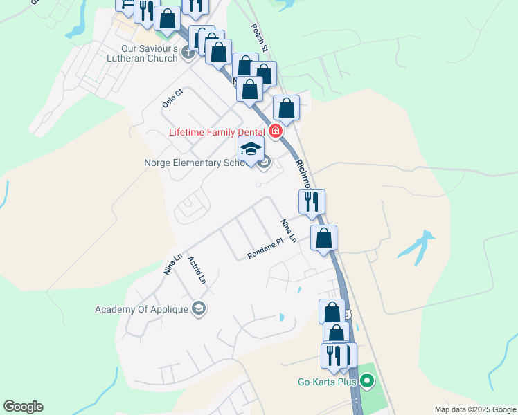 map of restaurants, bars, coffee shops, grocery stores, and more near 119 Nina Lane in Williamsburg